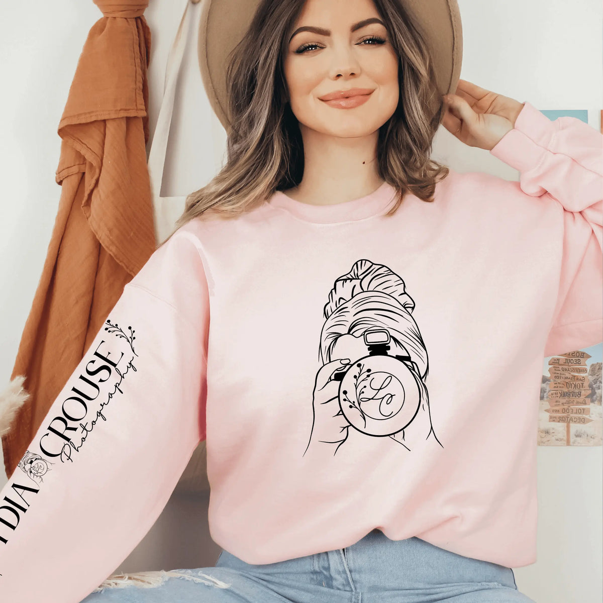 Pink Lydia Crouse crewneck sweatshirt by Winks Design Studio, LLC, featuring a comfortable crewneck design and soft fabric.