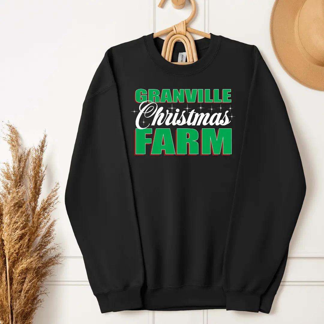 Granville Christmas Farm crewneck sweatshirt by Winks Design Studio featuring festive farm-themed graphics and cozy knit fabric.