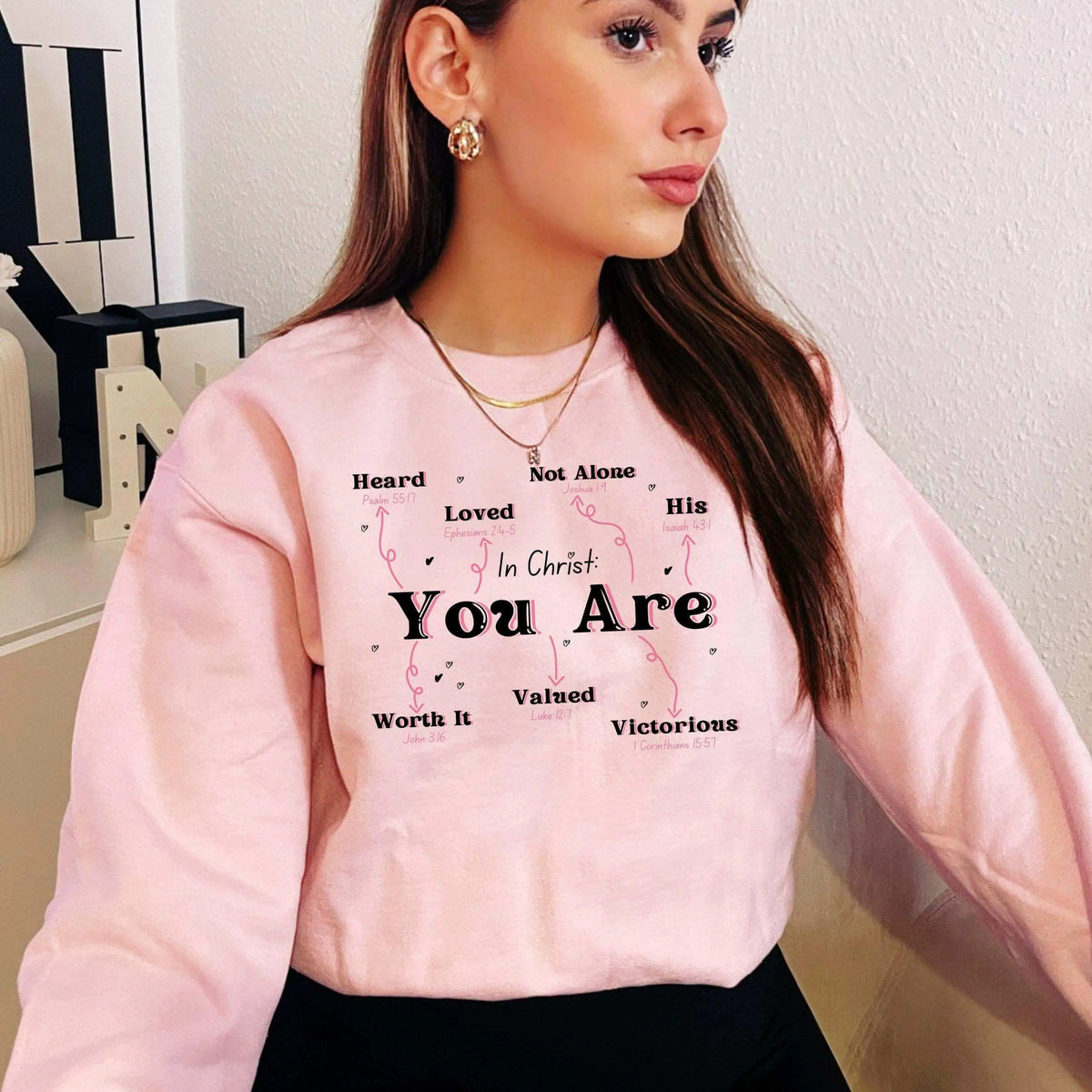 Winks Design Studio LLC In Christ You Are crewneck sweatshirt with white text on a dark fabric background.