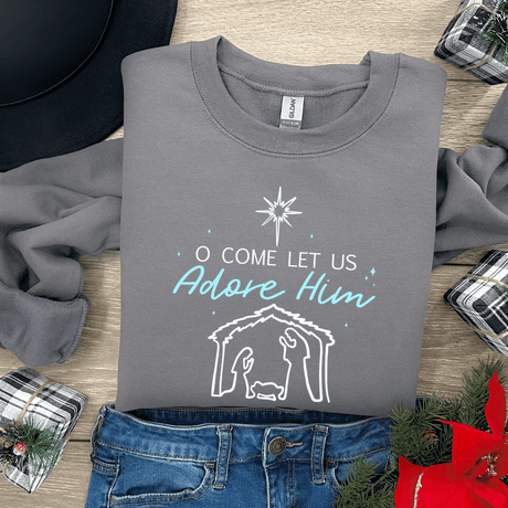 O Come Let Us Adore Him Nativity Crewneck Sweatshirt - Winks Design Studio,LLC