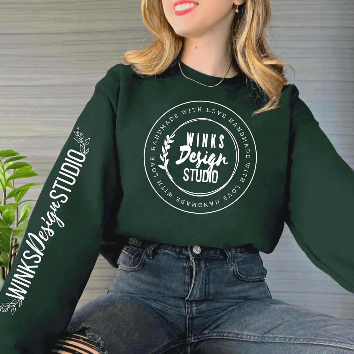Winks Design Studio LLC WDS logo crewneck sweatshirt in small size, featuring a comfortable crewneck design and branded logo.
