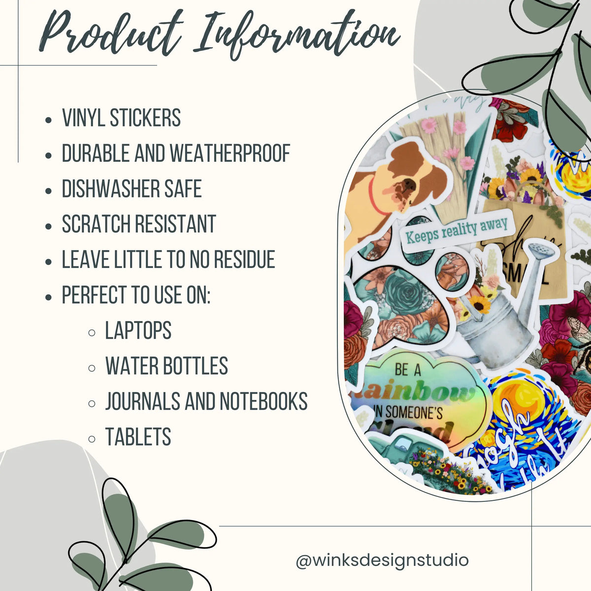 Custom vinyl stickers from Winks Design Studio, LLC, featuring decorative, weather-resistant round decals on a white background.