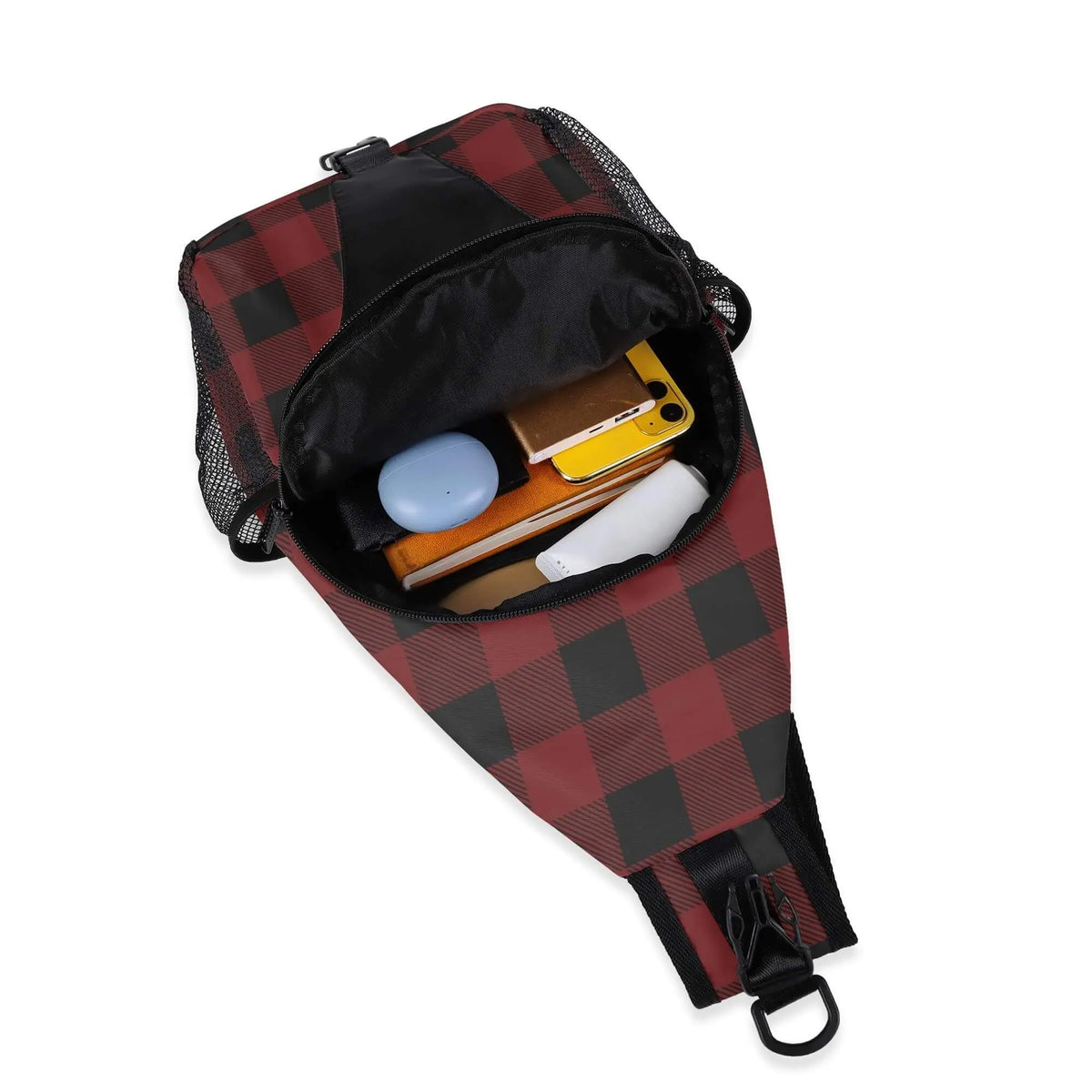 Red Buffalo Plaid Crossbody Bag by Winks Design Studio, LLC, showing adjustable strap and classic checkered pattern.