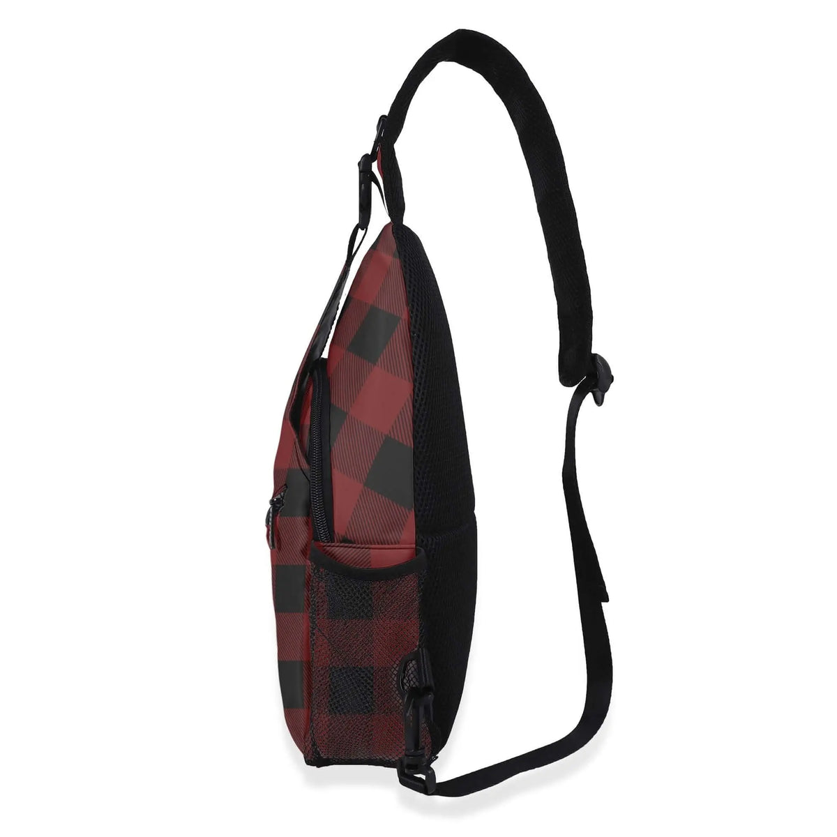 Red buffalo plaid crossbody bag by Winks Design Studio, LLC with adjustable strap and zip closure, casual and stylish accessory.
