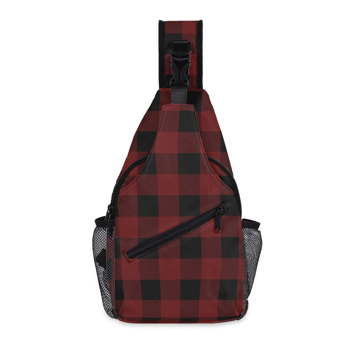 Red buffalo plaid crossbody bag by Winks Design Studio, LLC featuring a stylish, compact design with a long adjustable strap.