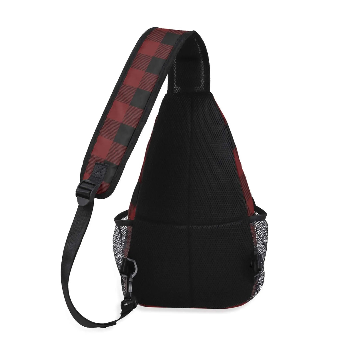 Red buffalo plaid crossbody bag by Winks Design Studio, LLC, featuring a stylish fabric and adjustable strap.