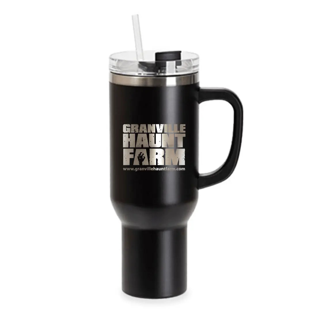 Black Granville Haunt Farm 40oz engraved tumbler by Winks Design Studio, LLC, showcasing detailed engraved design on drinkware.