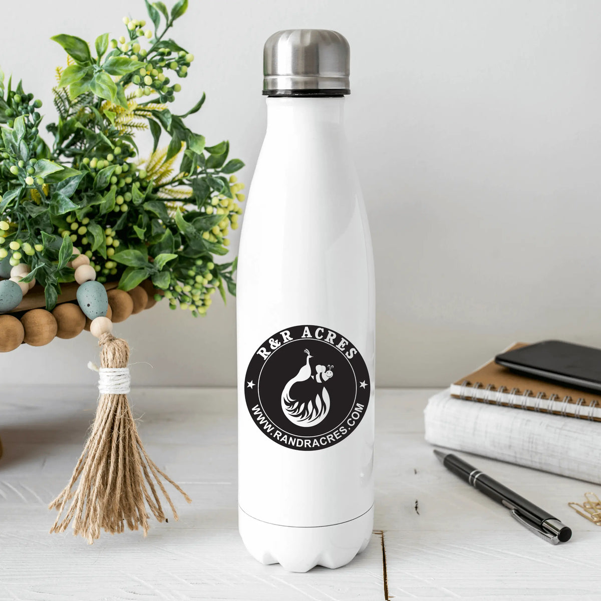 Winks Design Studio LLC 17oz stainless steel tumbler with R &amp; R logo, durable drinkware for cold or hot beverages.