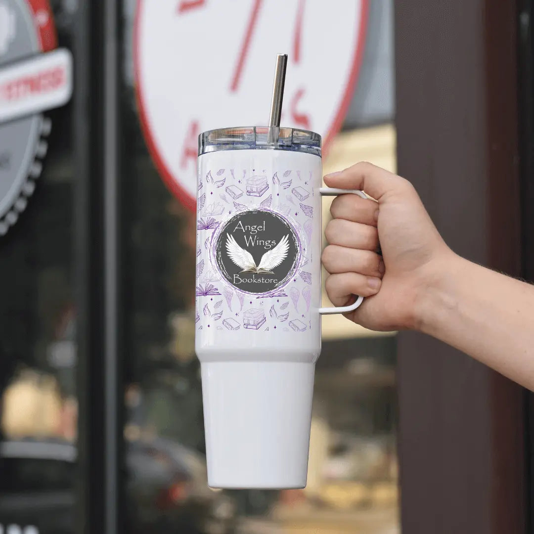 Angel Wings Bookstore 40oz tumbler by Winks Design Studio, LLC, featuring a large drinkware with angel wing design.