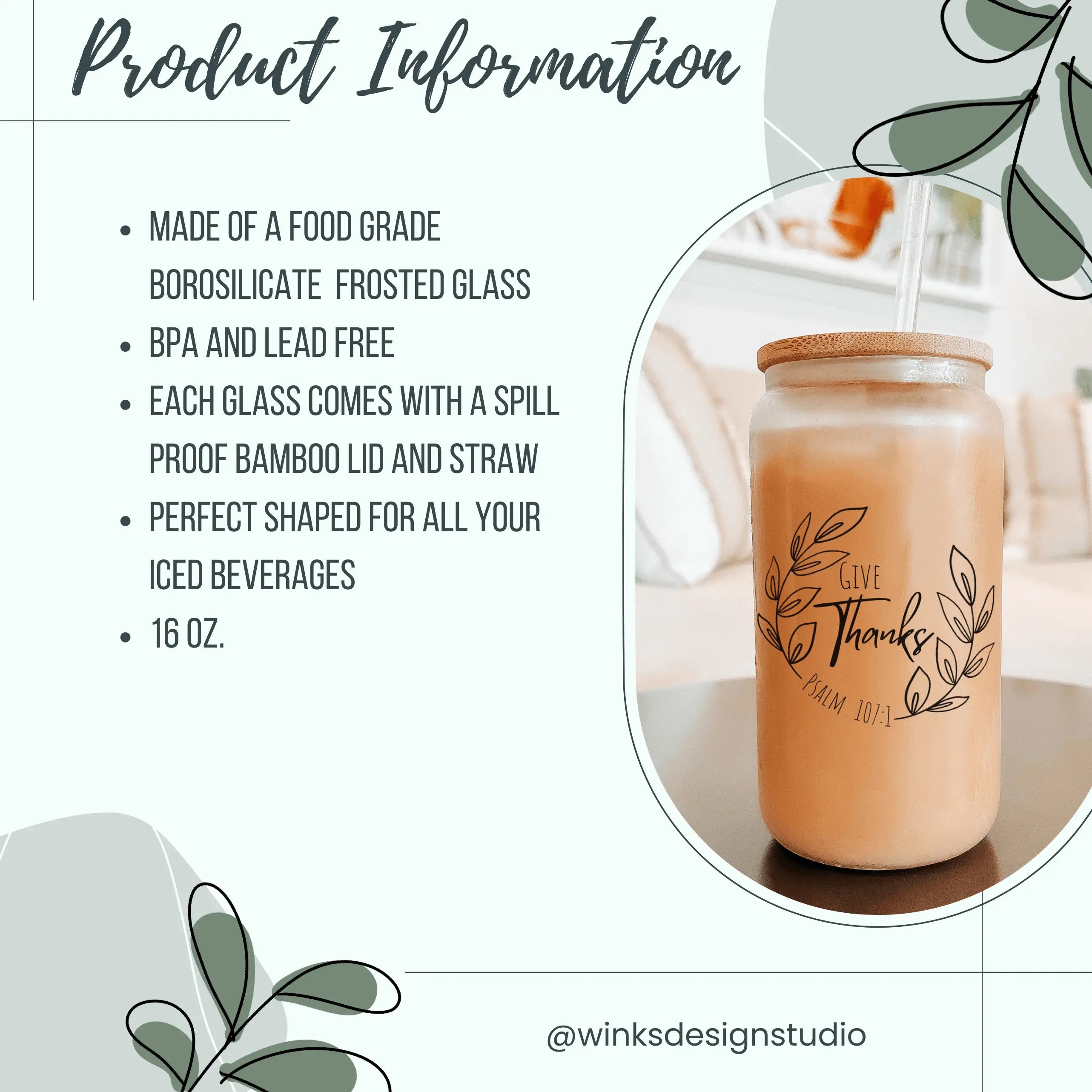 Winks Design Studio LLC Tobacco Wood Brewing 16oz glass can drinkware with a verdigris finish and detailed design.