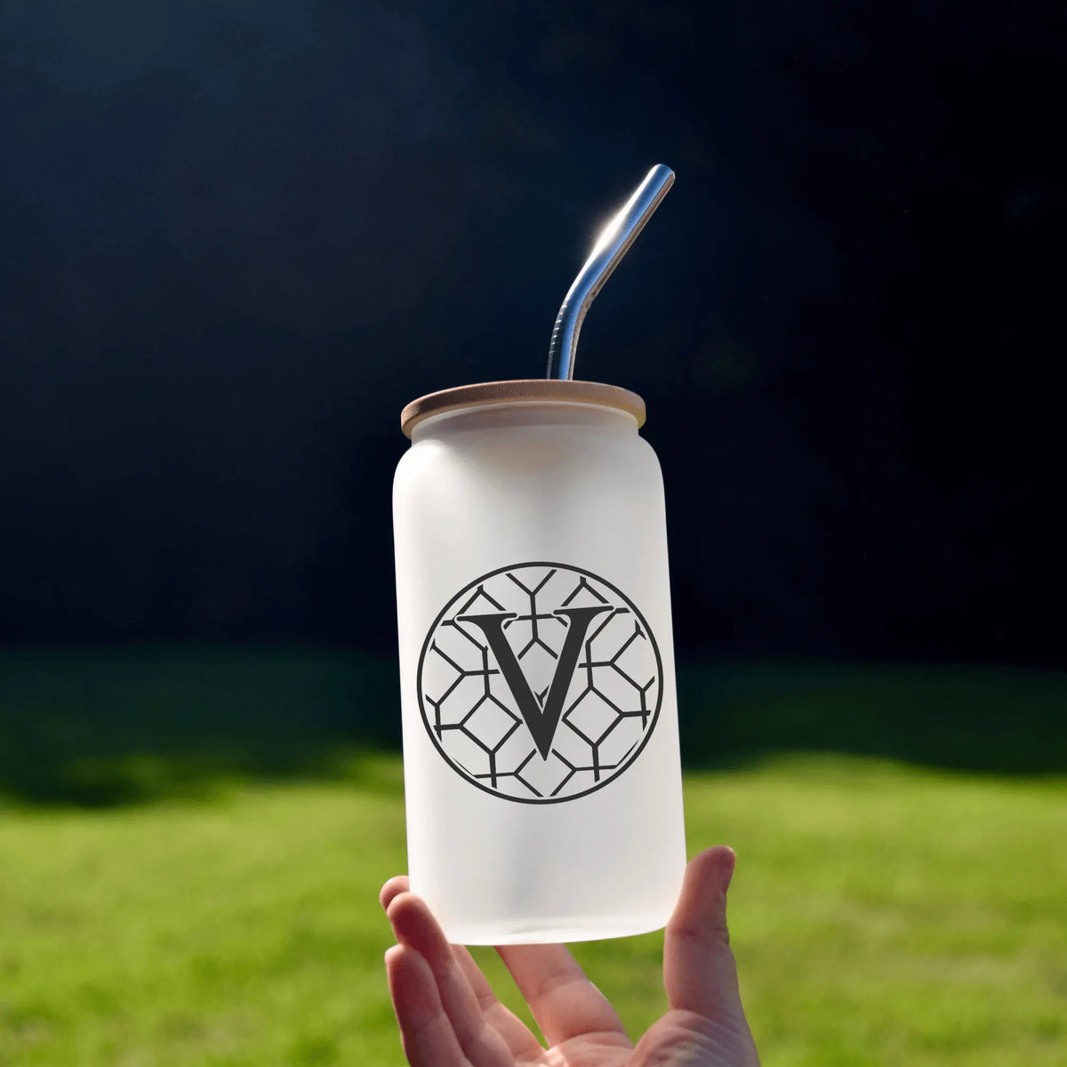 Winks Design Studio LLC Verdigris 16oz glass can for drinks, featuring a vibrant greenish-blue vintage glass design.