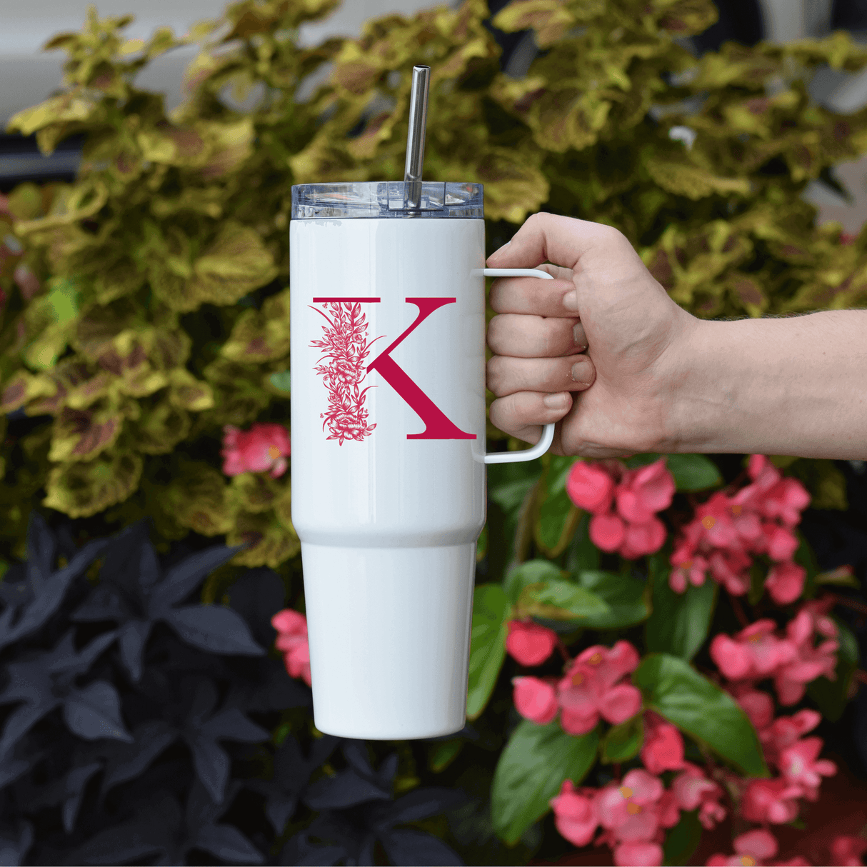 Custom Floral Letter 40oz Tumbler with Handle - Winks Design Studio,LLC