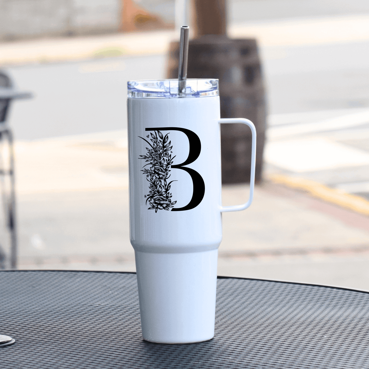 Custom Floral Letter 40oz Tumbler with Handle - Winks Design Studio,LLC