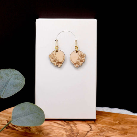 Wooden Engraved Eucalyptus Earrings - Winks Design Studio,LLC