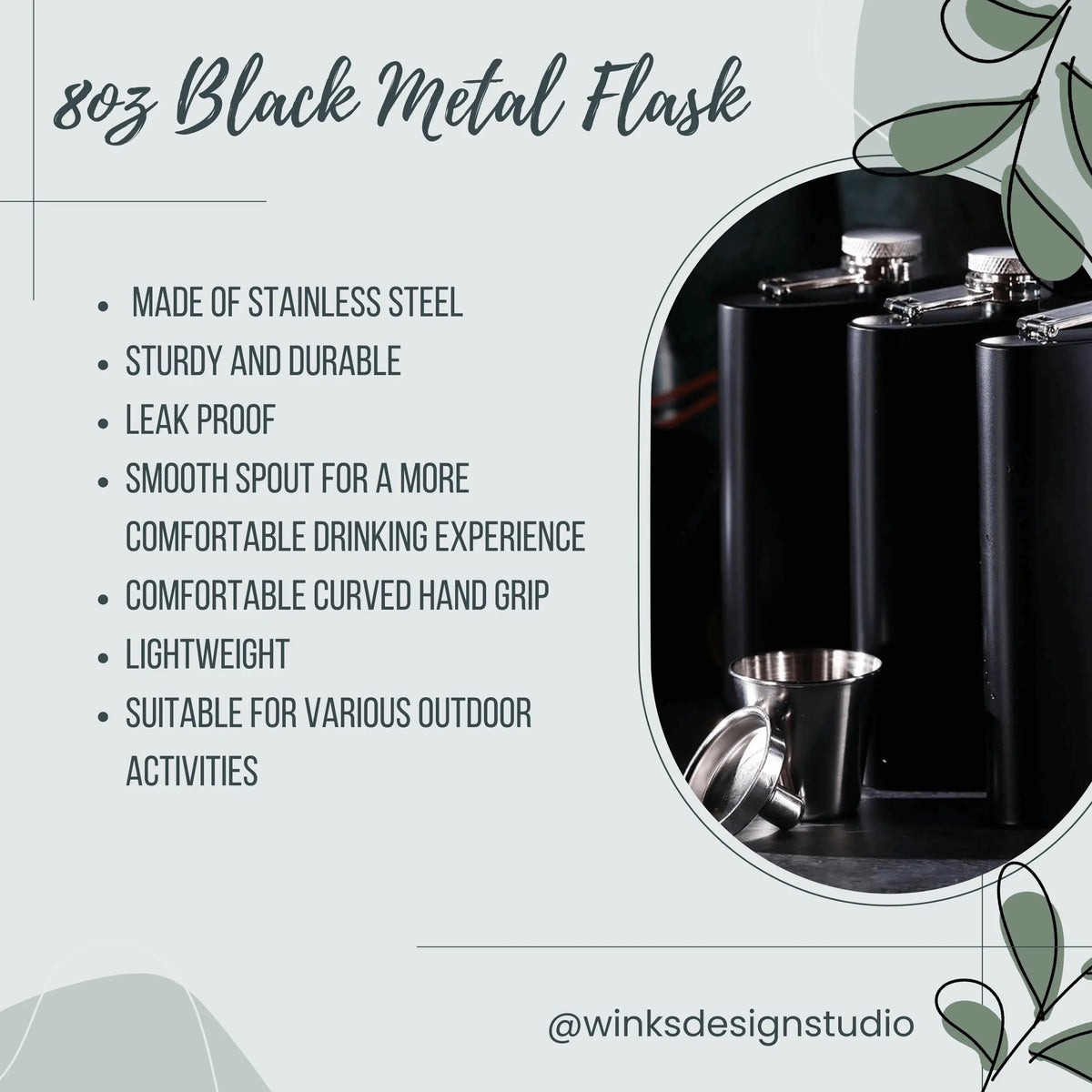 Winks Design Studio LLC Oxford Oaks Distillery 8oz metal flask with Oxford Oaks Distillery logo, designed for portable beverage storage.