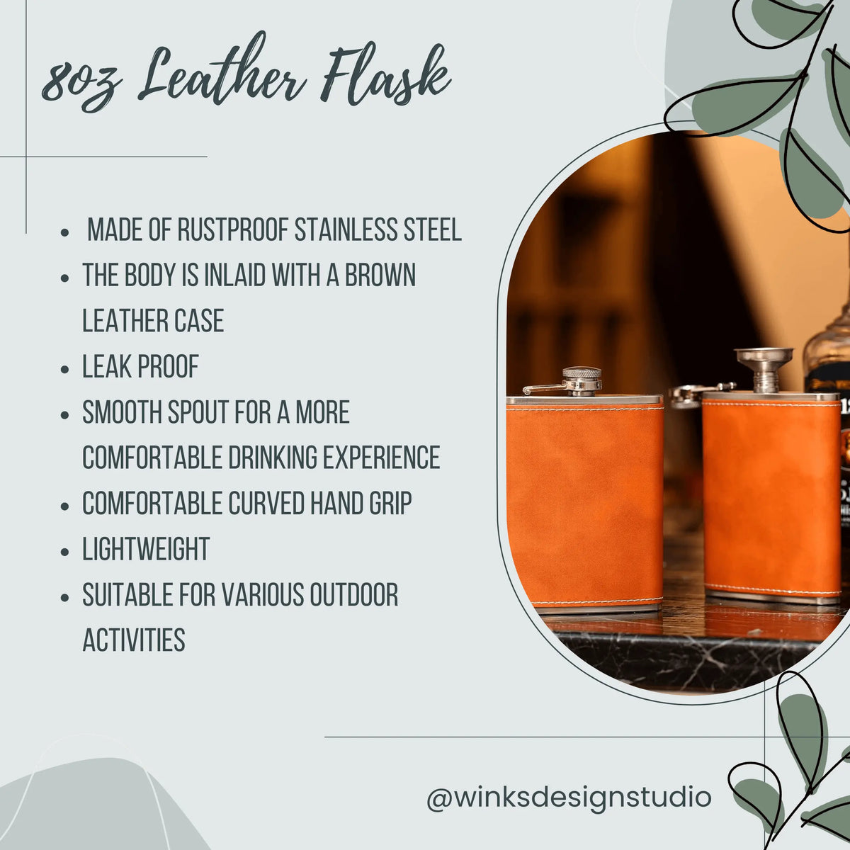 8oz metal flask featuring the Oxford Oaks Distillery logo, designed by Winks Design Studio, LLC, with a sleek and portable style.
