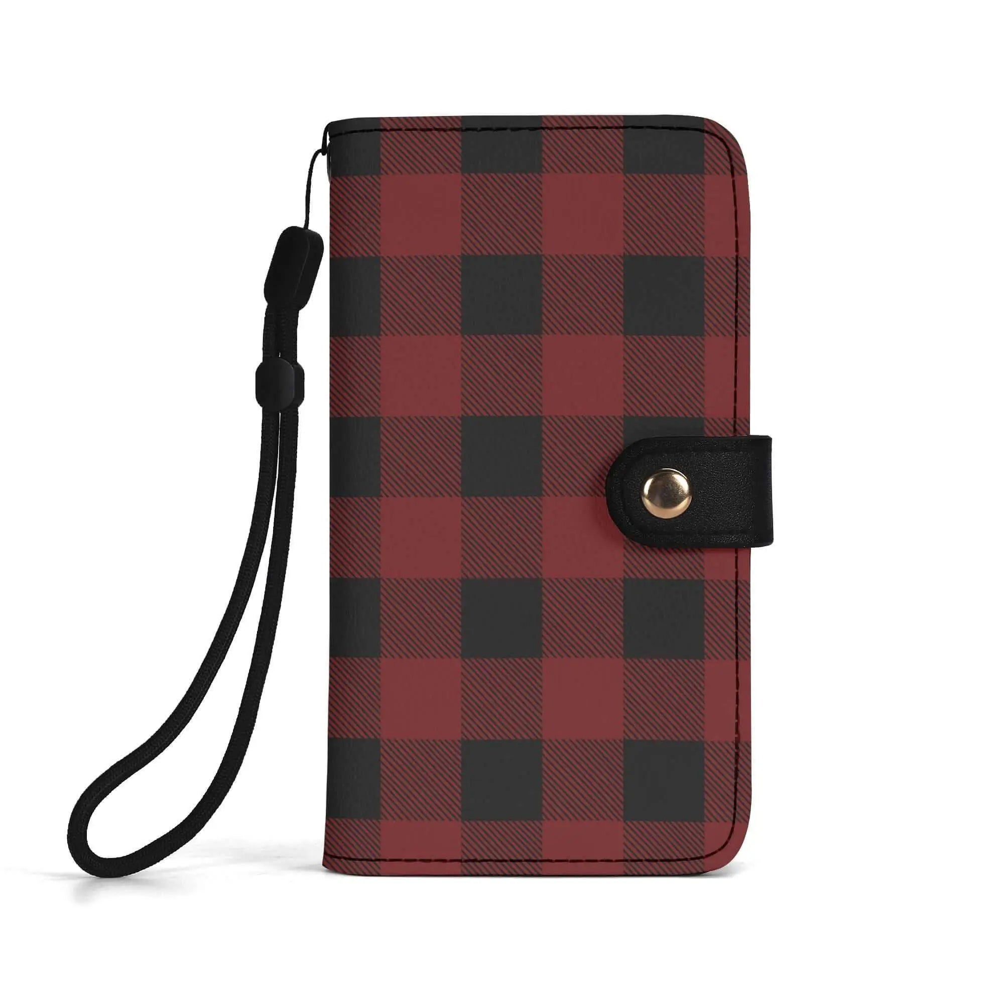 Red buffalo plaid flip phone case by Winks Design Studio, LLC, featuring a stylish, fabric-covered design with secure flip closure.
