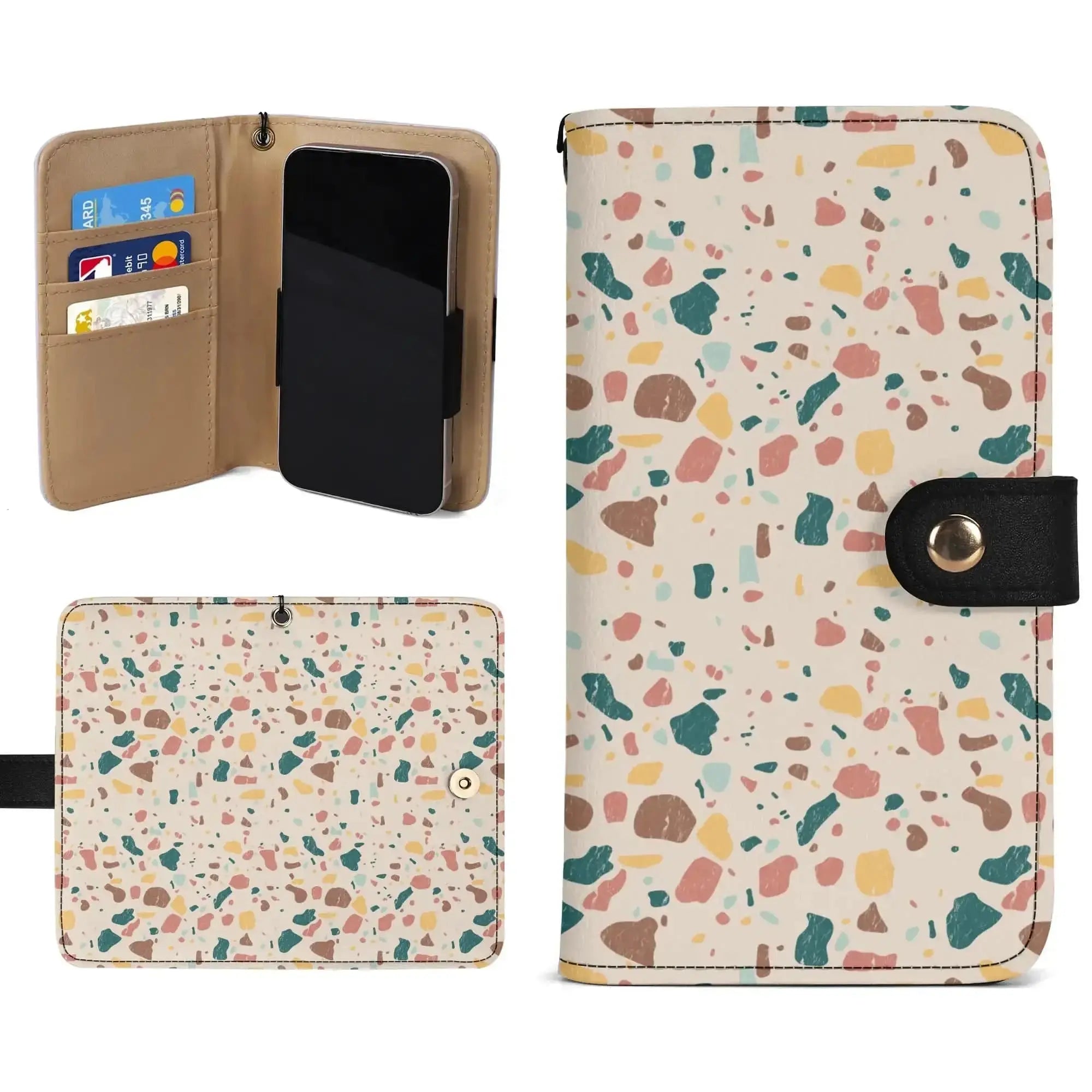 Winks Design Studio LLC terrazzo flip phone case wallet with colorful terrazzo pattern, slim design, and card slots.