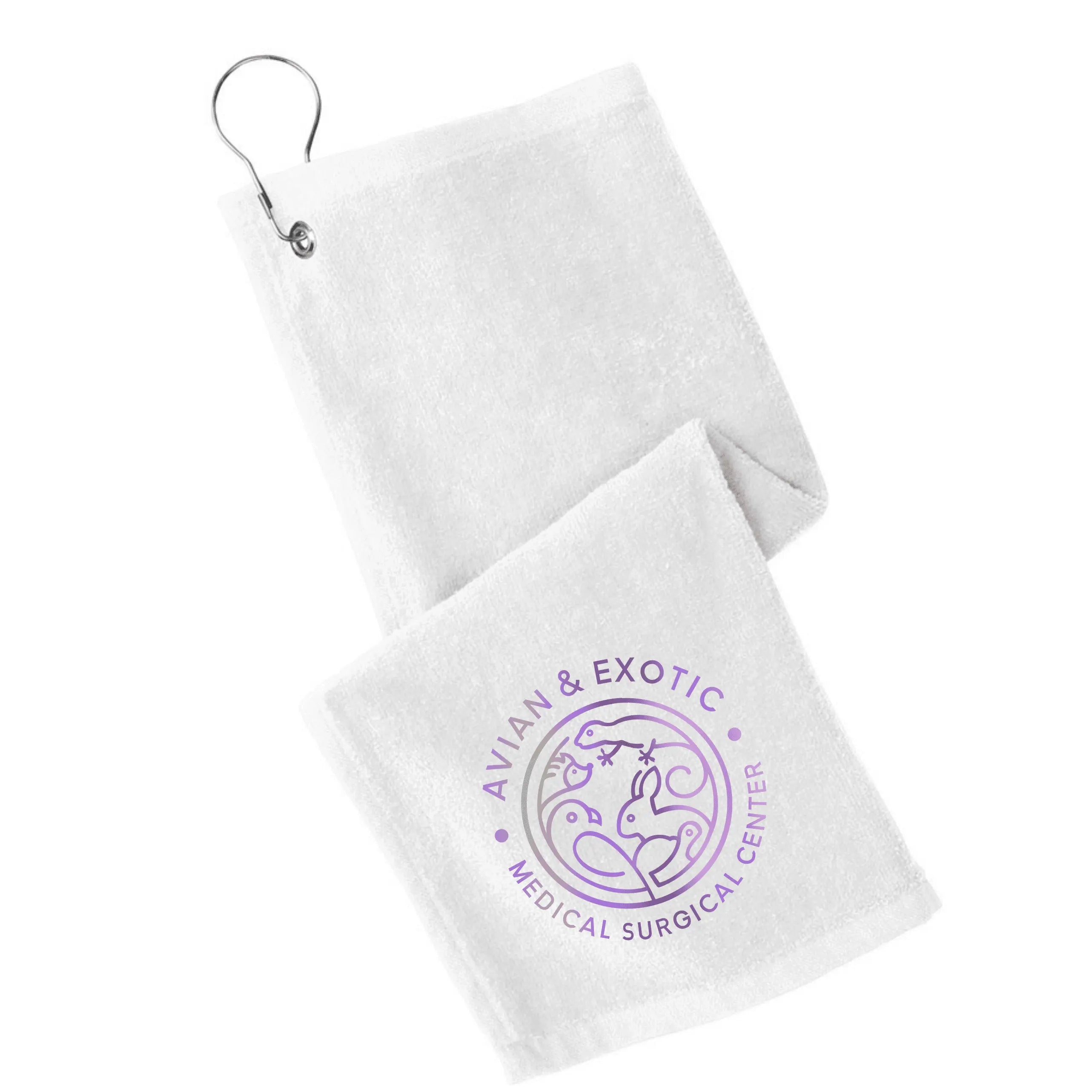 Black Avian Exotic hemmed golf towel by Winks Design Studio, LLC featuring detailed bird and floral patterns on soft fabric.