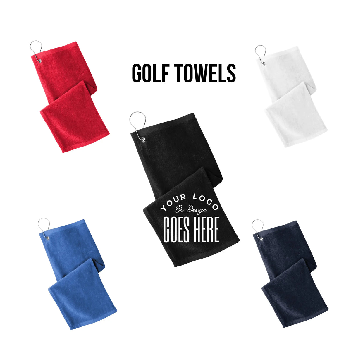 Black custom fitness golf towels by Winks Design Studio, LLC featuring soft, absorbent fabric ideal for golfing accessories.