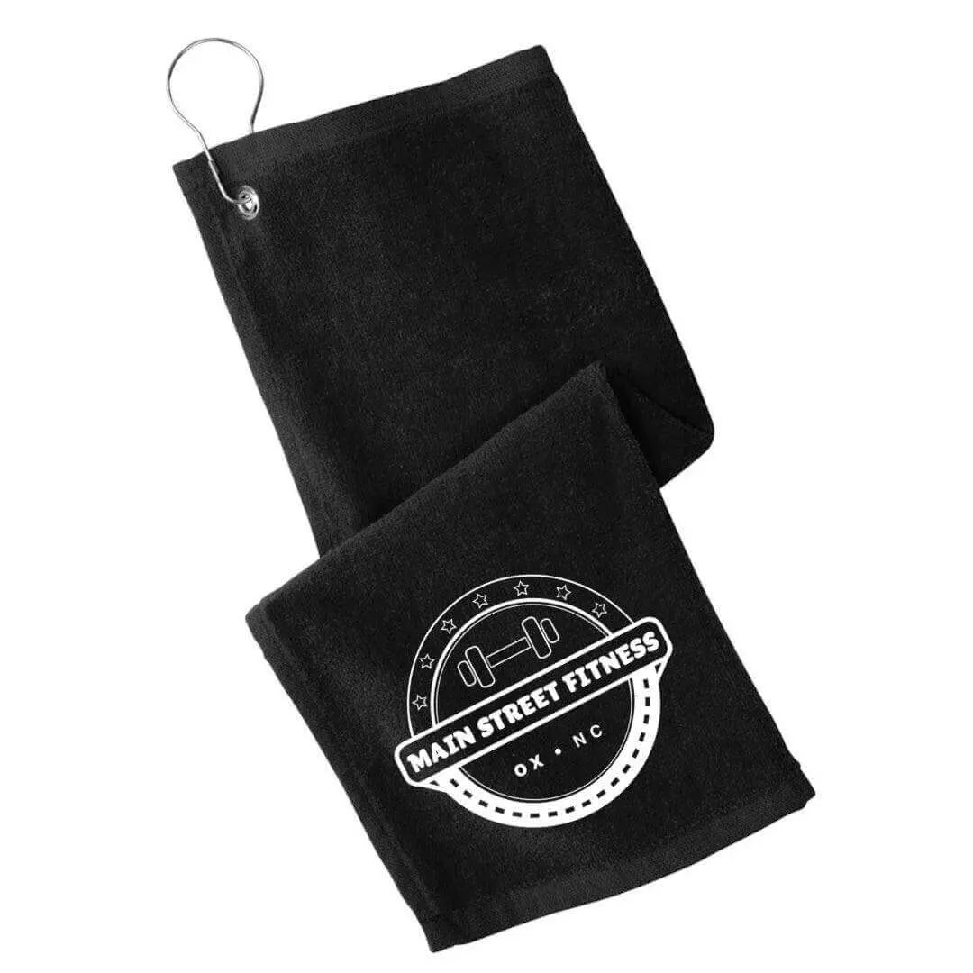Black Main Street Fitness golf towel by Winks Design Studio, LLC, featuring the towel&