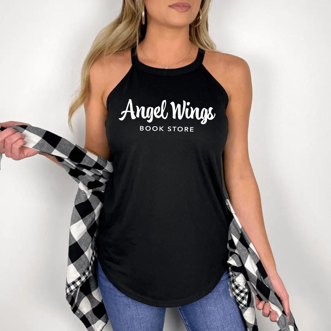 Black Angel Wings Bookstore Horizontal Halter Tank top by Winks Design Studio, LLC, featuring a stylish halter neckline and angel wing design.