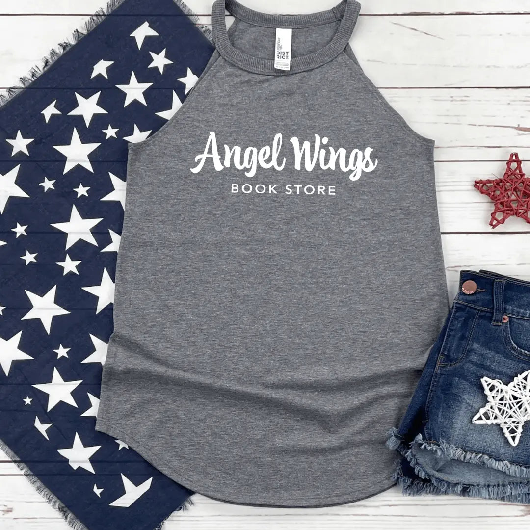 Black halter top with angel wings graphic from Winks Design Studio, featuring a horizontal bookstore print and small size.