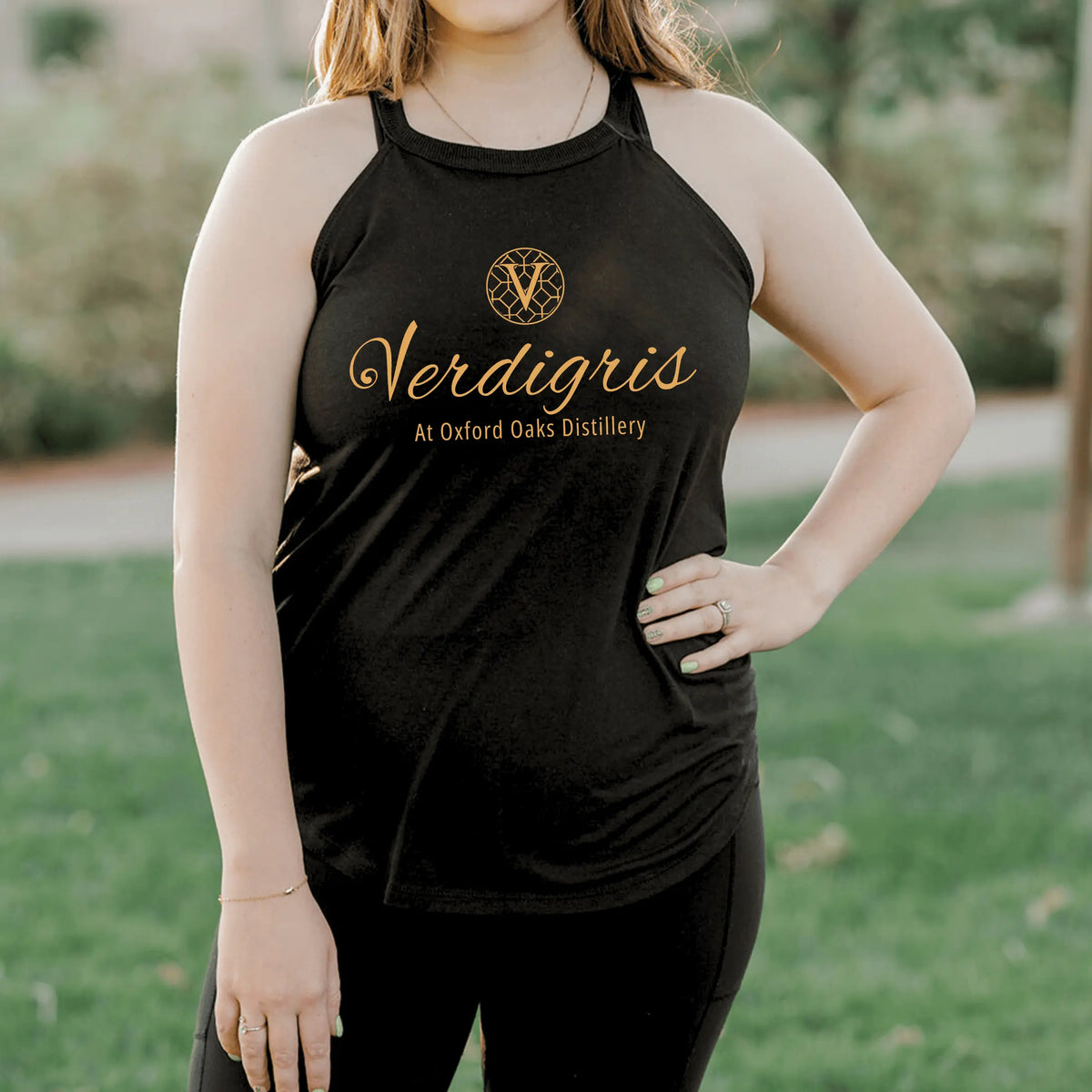 Navy blue Verdigris halter top by Winks Design Studio, LLC, featuring a stylish halter neckline and vibrant color.
