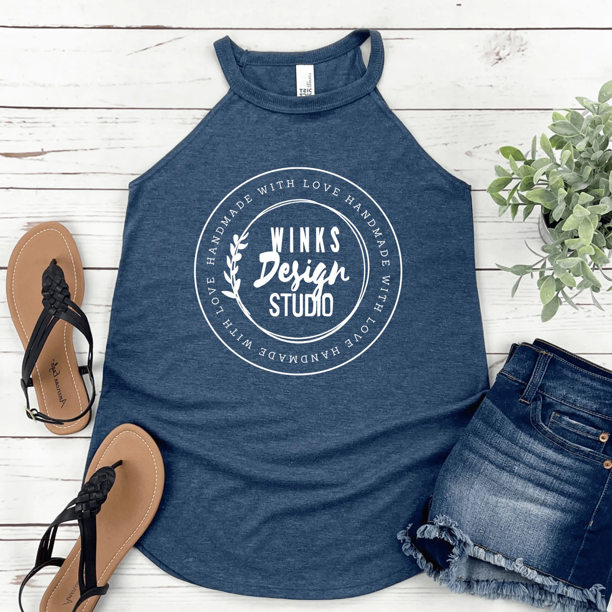 Navy Winks Design Studio LLC WDS Logo halter tank top, small size, showing front view with logo detail.