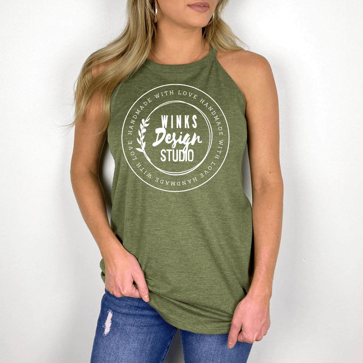 Navy Winks Design Studio LLC WDS Logo Halter Tank top, small size, casual sleeveless halter style with logo detail.