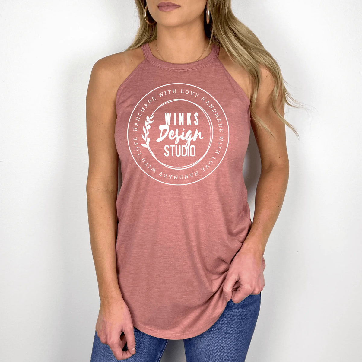 Navy Winks Design Studio LLC WDS Logo halter tank top with small logo, sleeveless and fitted for casual wear