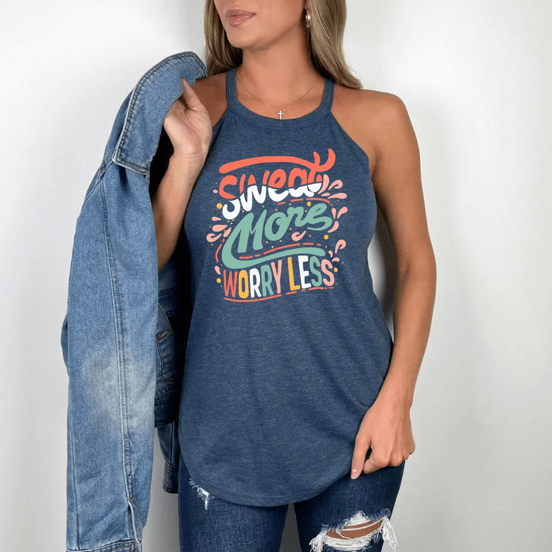 Winks Design Studio LLC Sweat More Worry Less halter tank top, black sleeveless halter style with slogan print.
