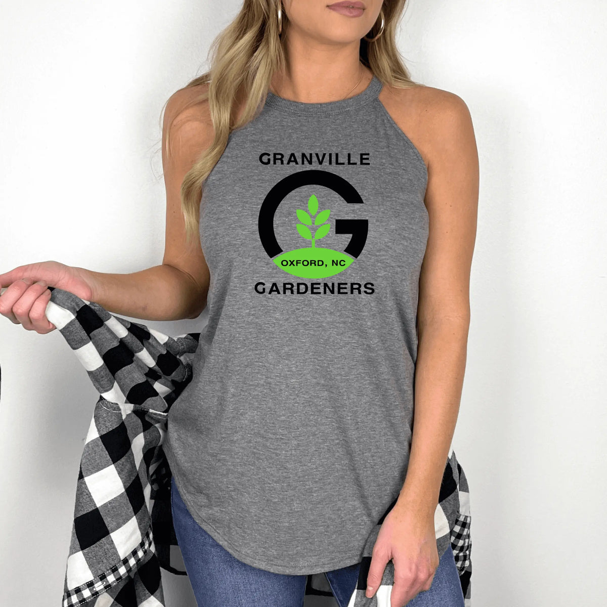 White Granville Gardeners Logo Halter Tank top by Winks Design Studio, LLC, featuring a stylish halter neckline and printed logo.