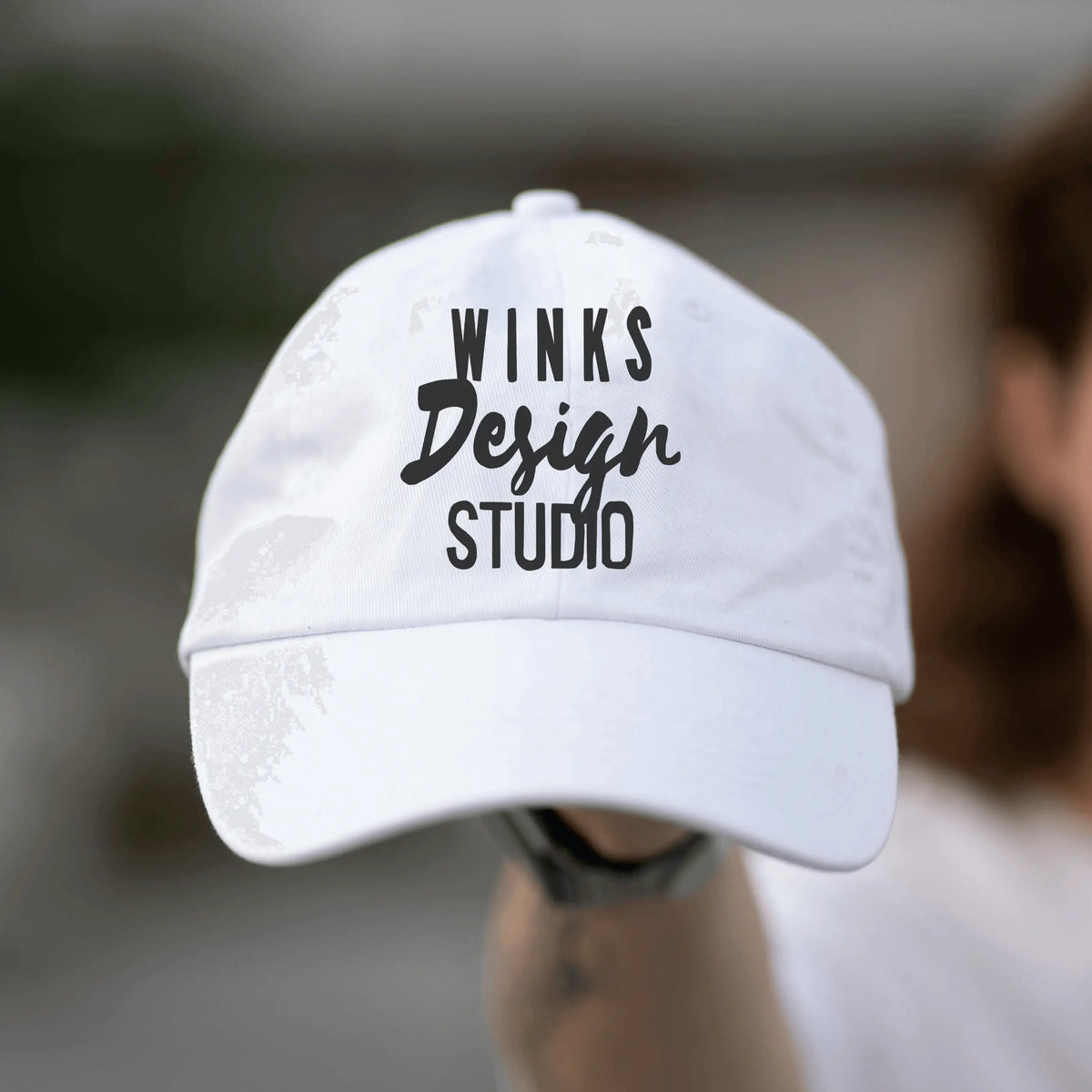 Green Winks Design Studio LLC WDS Twill Hat with curved brim and adjustable strap, stylish outdoor hat for casual wear.