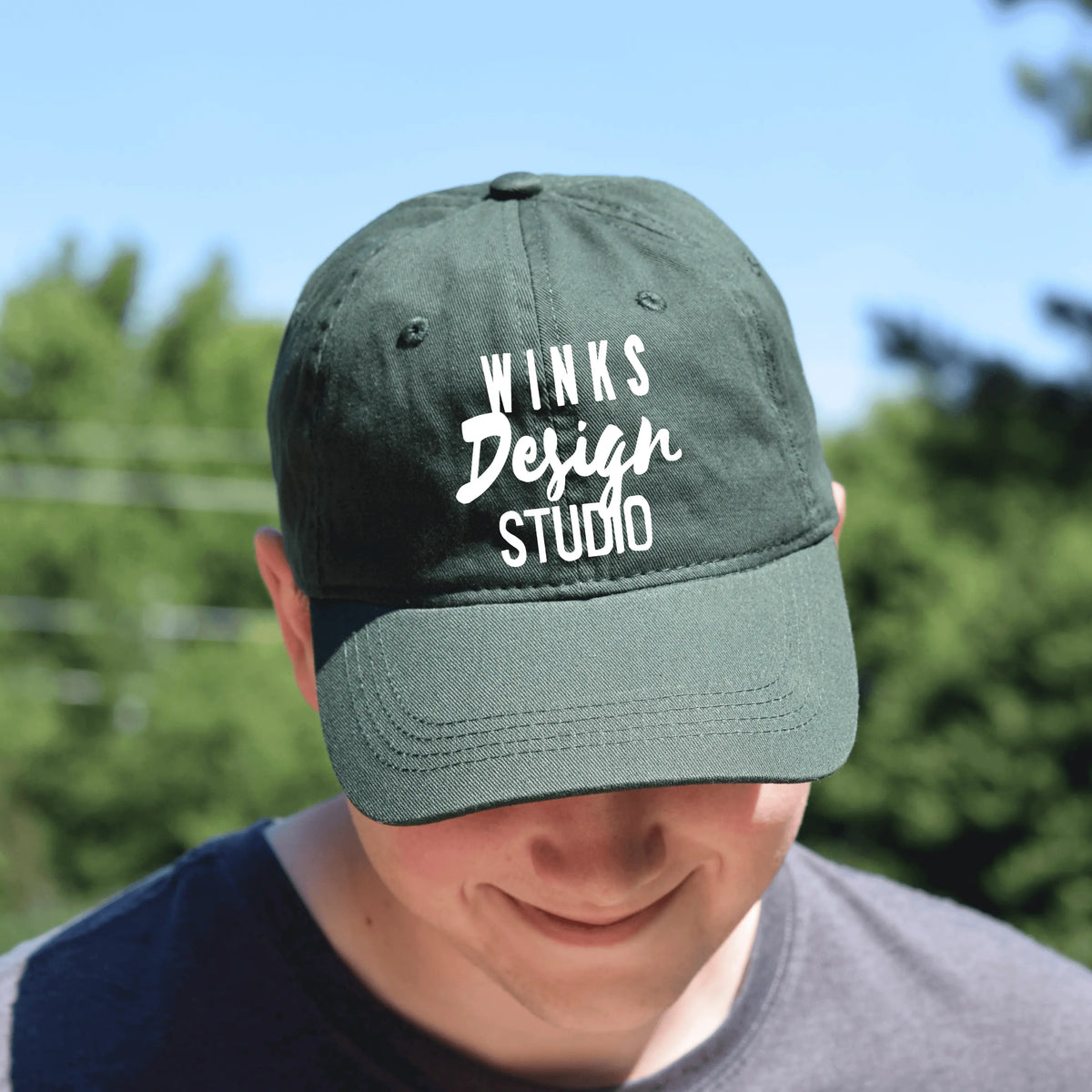 Green Winks Design Studio Twill Hat, stylish casual hat with a curved brim and adjustable strap, made by Winks Design Studio LLC.