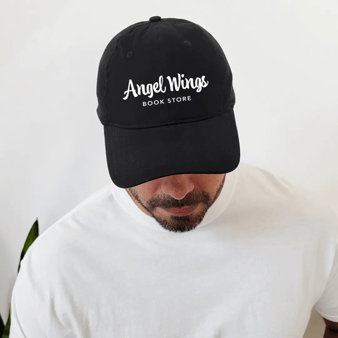White twill hat with angel wings embroidery by Winks Design Studio, LLC, featuring a stylish bookstore-themed design.