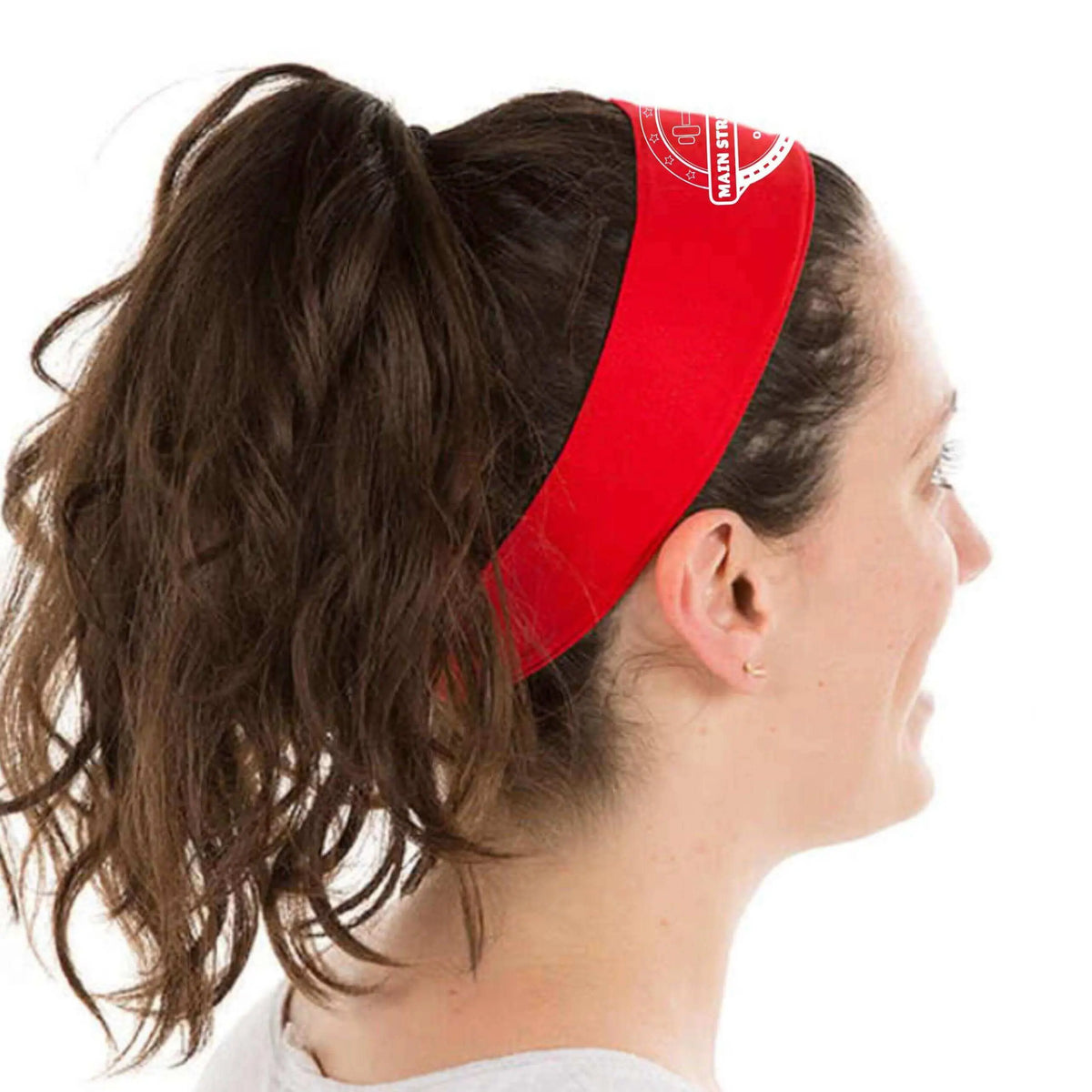 Black Main Street Fitness headband by Winks Design Studio, LLC, shown with a stretchy, comfortable fabric for athletic or casual wear.