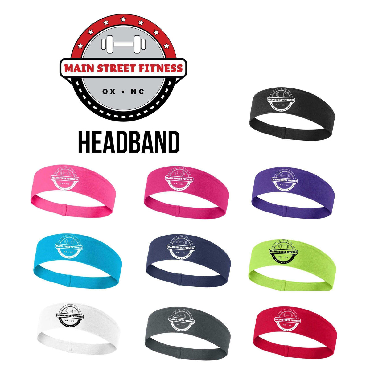 Black Main Street Fitness headband by Winks Design Studio, LLC, with a comfortable, stretchy fabric and stylish design.