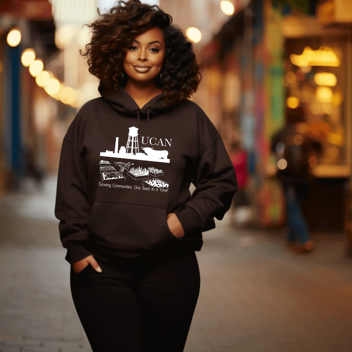 Winks Design Studio LLC UCAN front pouch hoodie in natural fabric with a casual fit and front kangaroo pocket.