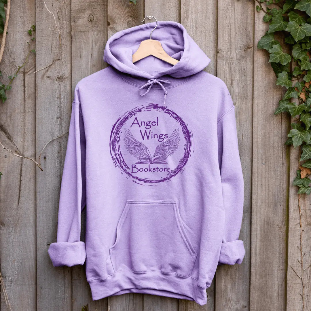 Pink circular hoodie by Winks Design Studio featuring angel wings and bookstore graphic on the front.