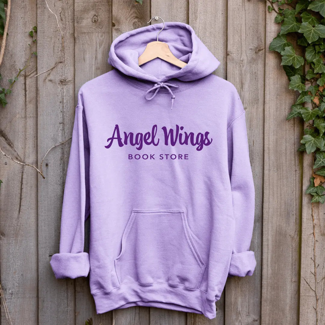 Oxford Crokinole Club hoodie by Winks Design Studio, LLC featuring a small angel wings and bookstore graphic on a horizontal layout.