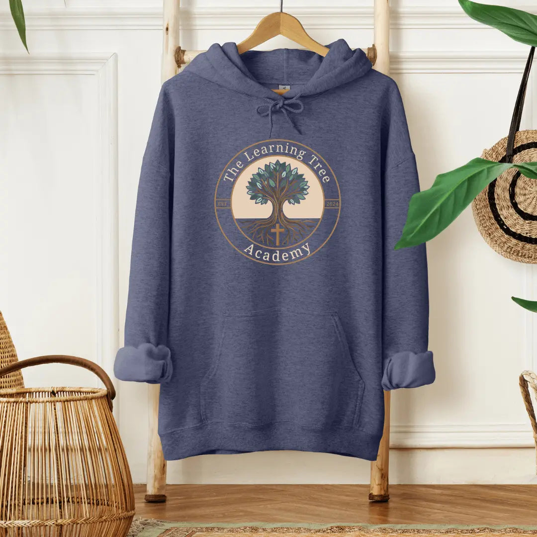 Beige hoodie from Winks Design Studio with "The Learning Tree Academy" logo, soft fabric, and casual fit.