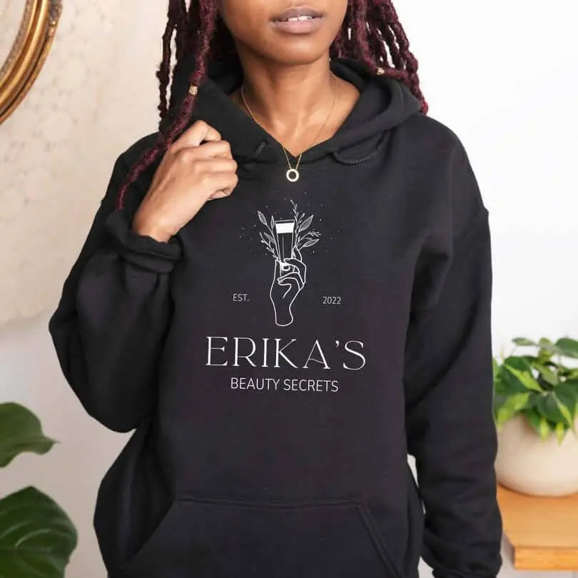 Winks Design Studio LLC Erika’s Beauty Secrets hoodie, black hoodie with stylish graphic design, soft fabric and comfortable fit.