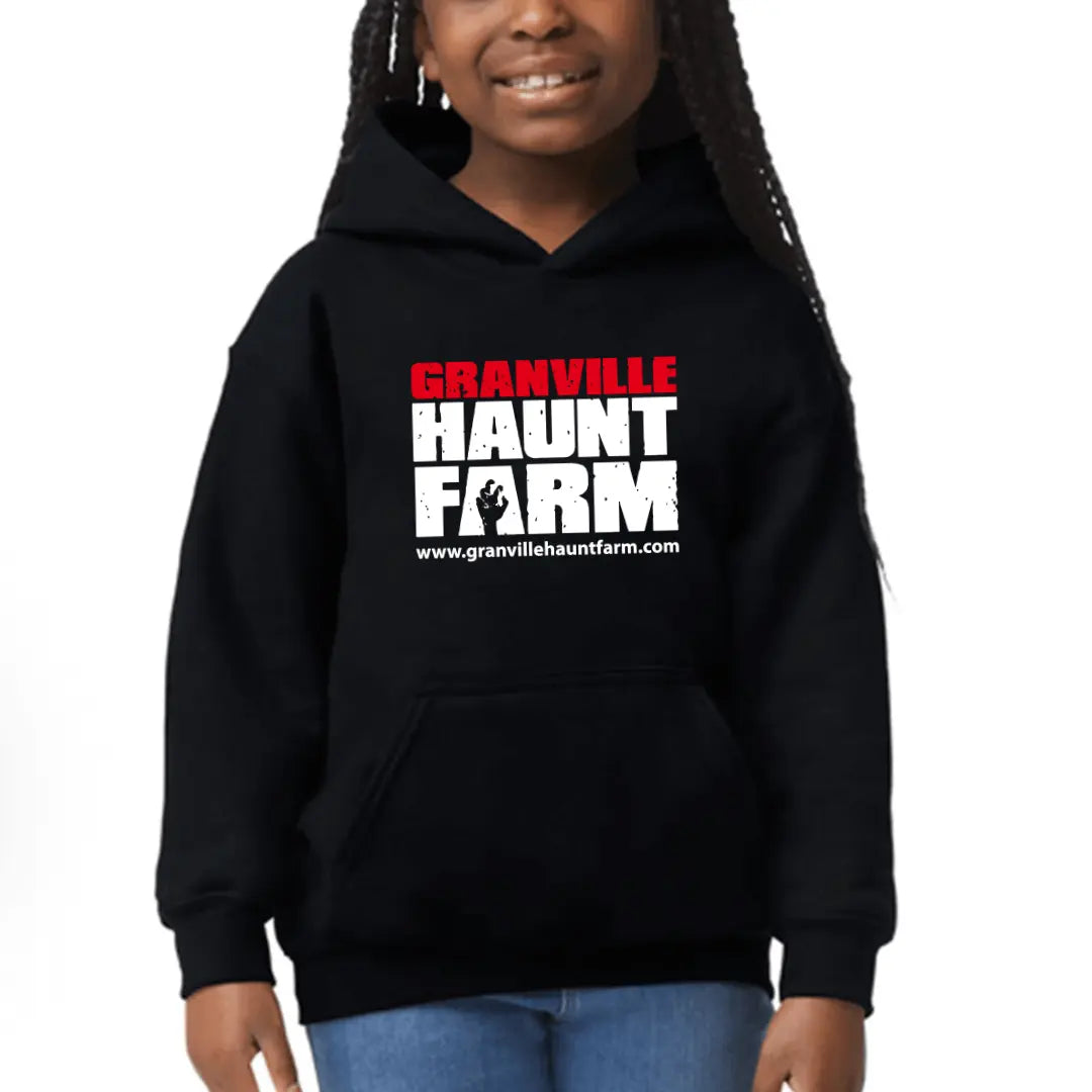 Small Granville Haunt Farm kids hoodie by Winks Design Studio, LLC, featuring a cozy, colorful hoodie with farm-themed graphics.