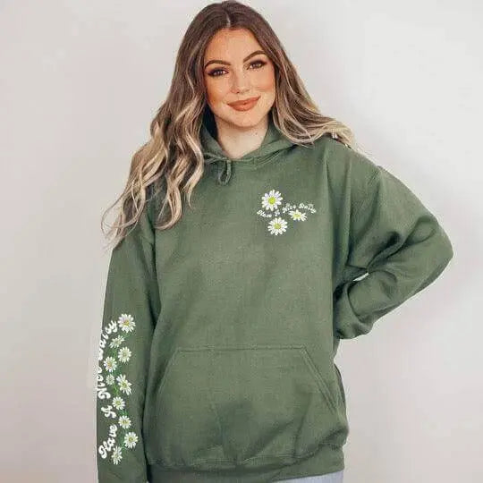 Winks Design Studio LLC Have a Nice Daisy front pouch hoodie, soft cotton hoodie with floral daisy design and front pocket.