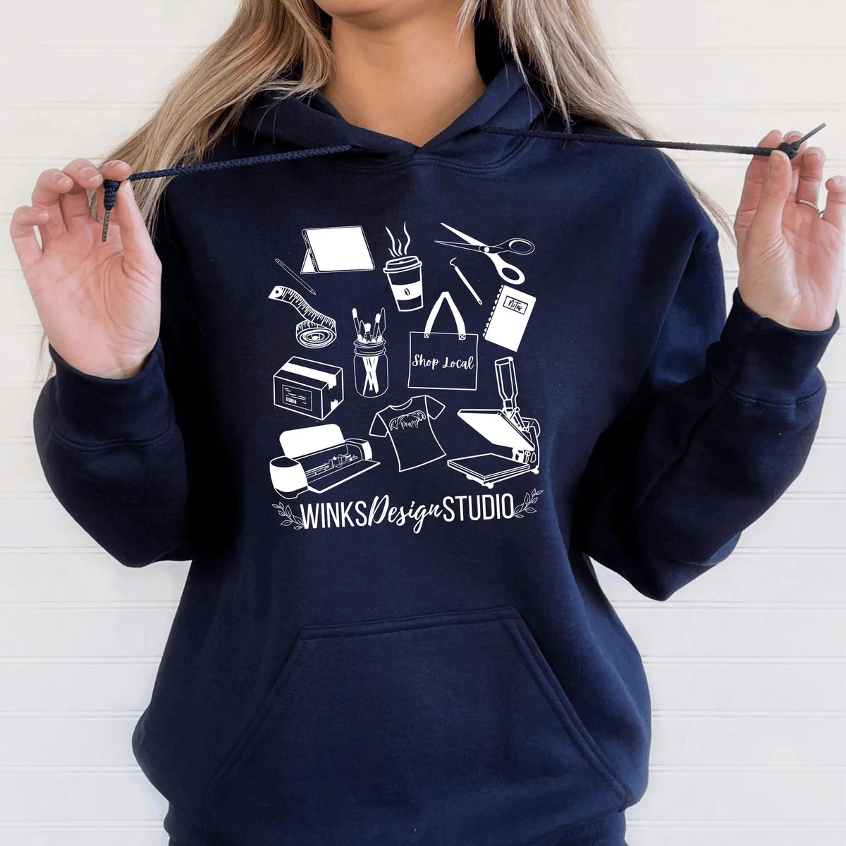 Sand-colored Winks Design Studio LLC hoodie with a WDS pattern and front pouch pocket, casual and comfortable.