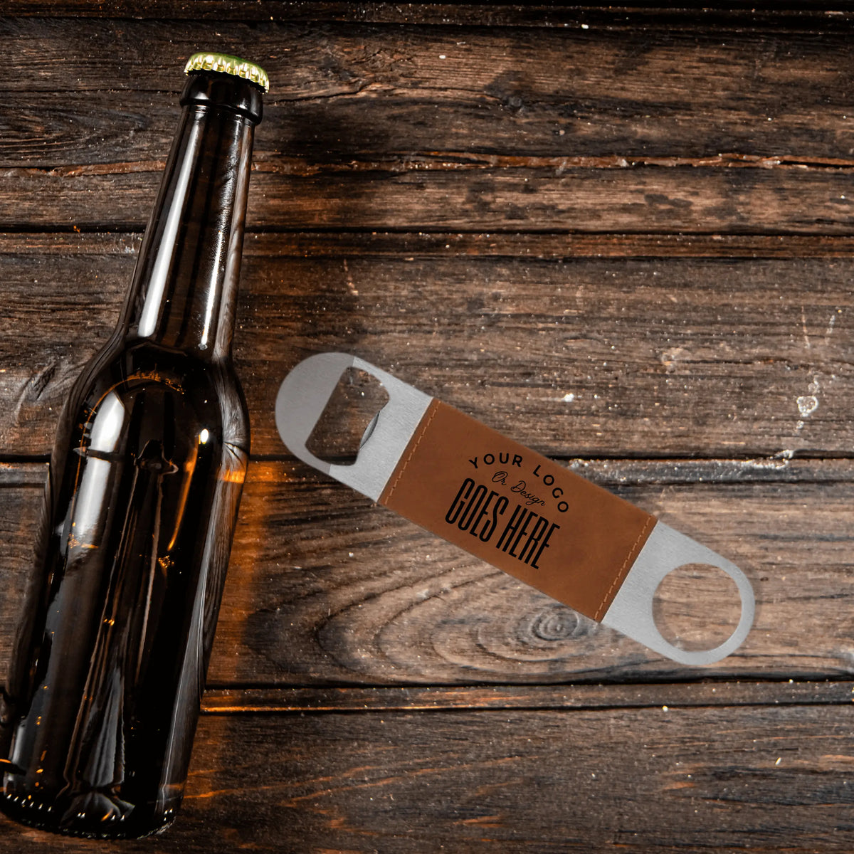 Custom leather bottle opener by Winks Design Studio, LLC, featuring a sleek leather handle and durable metal opener.