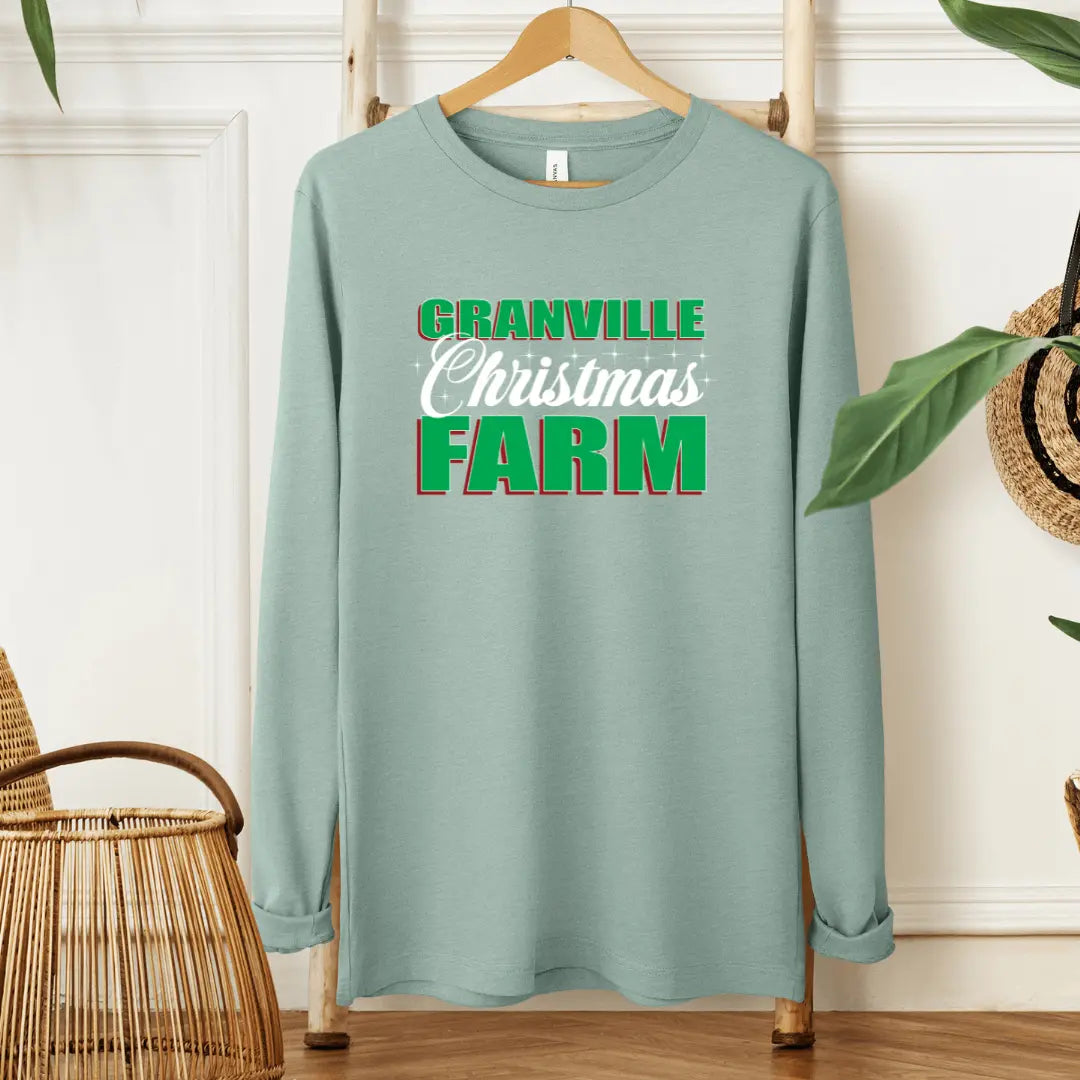 Black Granville Christmas Farm long sleeve shirt by Winks Design Studio, LLC featuring festive holiday farm design.