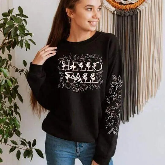 Hello Fall Long Sleeve Shirt by Winks Design Studio, LLC featuring a cozy autumn-themed design on a comfortable long sleeve top.