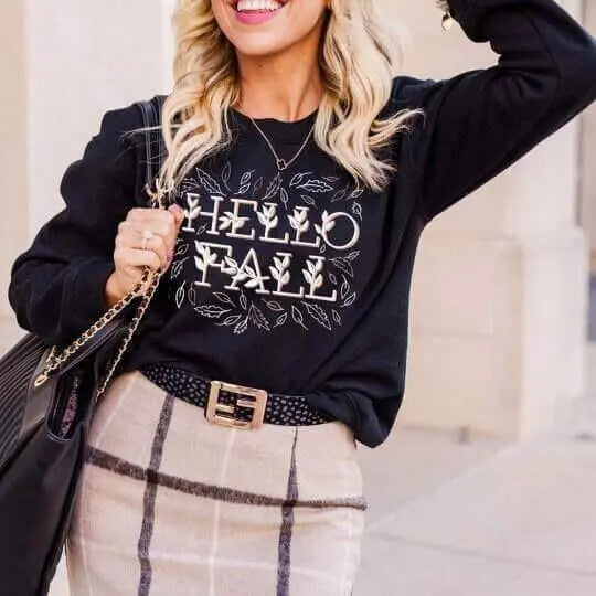 Winks Design Studio LLC Hello Fall long sleeve shirt with autumn-themed design, soft fabric, and fitted style for casual wear.